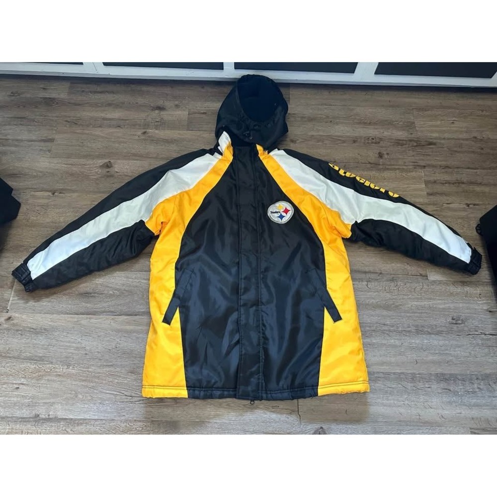 NFL Pittsburgh Steelers Mens Large Heavy Parka Jacket Hooded Black Yellow Puffer